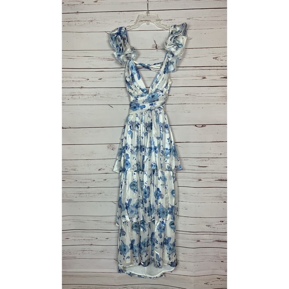 Storia Boutique Women's S Small White Blue Floral Ruffle Long Dress NEW TAGS